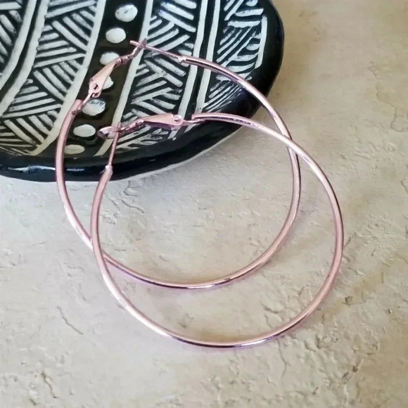 Sleek Pink Large Hoop Earrings 50mm 2" Leverback Minimalist Classic - Picture 4 of 6